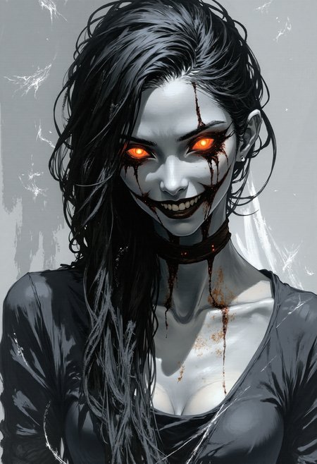 fg, A digital illustration of a woman with long, messy black hair framing her face, piercing glowing red eyes, heavy dark smudged makeup creating a sunken eye effect, a wide unsettling toothy grin. She wears dark, slightly ragged clothing, with subtle dark red smudges around her neck. Digital painting in the style of a dark fantasy horror illustration, eerie atmosphere, dramatic cinematic lighting, muted grey smoky background.