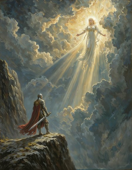 A dramatic and awe-inspiring scene: a valiant knight stands on the rugged edge of a cliff, his polished silver armor reflecting subtle glints of light. The intricate gold engravings on his armor are highlighted with fine brushwork, capturing the richness of his station. A deep crimson cape, painted with layered glazes for realistic texture and depth, billows in the wind. He holds a massive sword, its blade rendered with reflective highlights, while the ornate hilt is detailed with precision.

Above him, emerging from swirling clouds painted with the expressive brushstrokes of J.M.W. Turner, a colossal goddess appears, her semi-transparent form seemingly sculpted from light. Her flowing gown, painted with delicate sfumato techniques, blends seamlessly with the luminous, golden-tinged clouds. The goddess’s celestial hair, cascading in radiant waves, glimmers as if woven with starlight. Her soft, knowing smile is depicted with subtle chiaroscuro reminiscent of Leonardo da Vinci, giving her expression depth and serenity.

The atmosphere is dominated by dynamic contrasts, inspired by the Romantic drama of Caspar David Friedrich’s landscapes. The stormy sky and soft beams of divine light are rendered with glazing techniques to enhance the interplay of light and shadow. Rich blues and grays dominate the sky, with golden rays piercing through to highlight both the knight and the goddess, creating a halo-like effect around her towering figure.

Techniques and Style:

Imposto: Used for the rugged texture of the cliff and the knight’s intricate armor details.
Glazing: Layers of thin, translucent paint for the clouds and divine glow of the goddess.
Sfumato: To blend the goddess's features and gown into the misty atmosphere.
Chiaroscuro: For dramatic contrasts in lighting on the knight and the celestial figure.
Expressive Brushwork: In the sky and clouds, inspired by Turner’s dynamic landscapes.
Overall Medium and Style:
Oil on canvas, combining elements of Romanticism, Renaissance precision, and high-fantasy drama. The painting evokes a timeless, mythological essence, blending human heroism with divine admiration.

