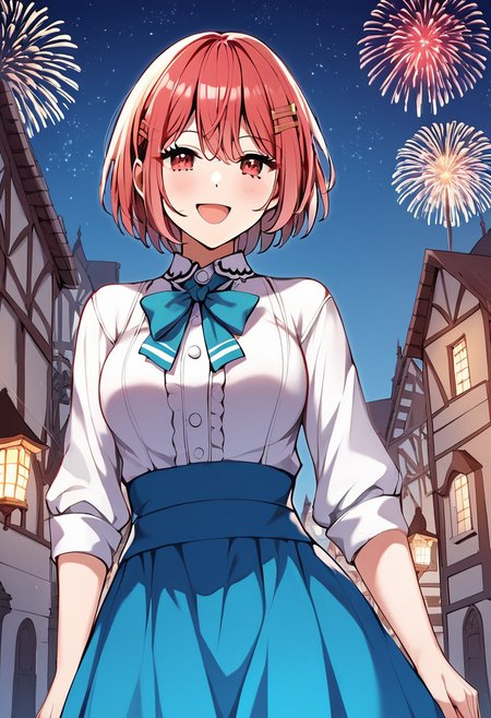 elsa_dorothy, red hair, short hair, red eyes, medium breasts, hair clip, default outfit, white shirt, blue skirt, blue neck ribbon,  BREAK outdoors, medieval city square, night, starry night, fireworks BREAK cowboy shot, looking at viewer, standing,open mouth, happy face , dynamic pose BREAK score_9, score_8_up, score_7_up, source_anime ,zPDXL, perfect hand , <lora:Elsa_Dorothy:0.8>