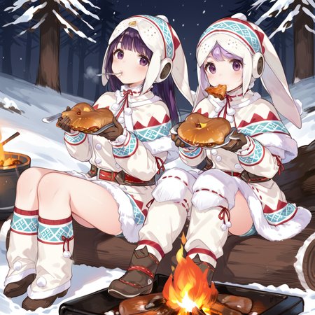 (score_9:0.9),score_8_up,score_7_up,rating_safe,anime style,(zPDXL),<lora:lagombi armor ponyXL v1:0.8>,2girls,lagombi armor,white hat,white gloves,white knee boots,solo,1girl,purple eyes,blush,sitting,looking at viewer,full body,holding meat,eating,snow,campfire, camp