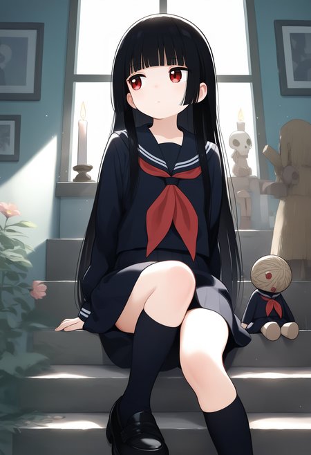 enma ai, 1girl, arm at side, backlighting, ball, black footwear, black hair, black serafuku, black skirt, black socks, blunt bangs, candle, candlelight, feet out of frame, flat chest, flower, hime cut, holding, indoors, kneehighs, light particles, lipstick, loafers, long hair, long sleeves, looking away, makeup, neckerchief, picture frame, plant, red eyes, red neckerchief, school uniform, serafuku, shoes, sideways glance, sitting, sitting on stairs, skirt, skirt set, skull, socks, solo, stairs, straight hair, straw doll, temari ball, voodoo doll, 
, masterpiece, best quality, good quality,
<lora:sakurakono_noob-vpred1.0_v2_edm2_p2:1>