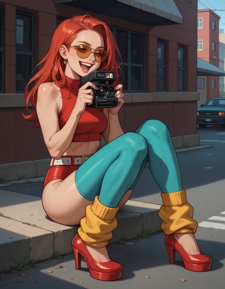 score_9, score_8_up, score_7_up, score_6_up, score_5_up, score_4_up, 1girl, long red hair, aqua leggings, yellow leg warmers, red high heels, red leotard, white belt, crop top, sunglasses, hud_pol4r0id, holding camera, camera, <lora:hud_pol4r0id_XLP:0.8>, taking picture, curb, street, sitting, laughing,