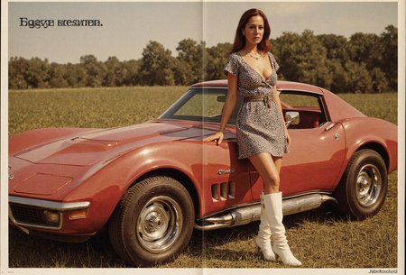 A detailed high resolution cinematic photograph. kpsX, aidmafluxpro1.1, aidmarealisticskin, hairy armpits, AllTheWayAACups,40yo, a forty years old Finnish woman,  Her face is asymmetrical. She has small breasts, She has an asymmetrical facial structure,   full-frame photograph of a car from the 70s (red corvette 1972) with an old feel, featuring a woman in a hippie dress with deep cleavage leaning next to it, white Gogo Knee High Boot, styled as a vintage advertisement,  Left top corner with the text "It's a state of mind."<lora:age_v1.safetensors:0.25:0.25> <lora:aidmaFLUXPro1.1-FLUX-v0.3.safetensors:0.05:0.05> <lora:aidmaRealisticSkin-FLUX-v0.1.safetensors:0.05:0.05> <lora:AllTheWayAACups_rank16_bf16.safetensors:0.25:0.25> <lora:'Improved Amateur Realism' - v10 - [STYLE] [LORA] [FLUX] - spectrum_0001 by 'AI_Characters'.safetensors:0.15:0.15> <lora:sugarmodels[nsfw].safetensors:0.05:0.05>