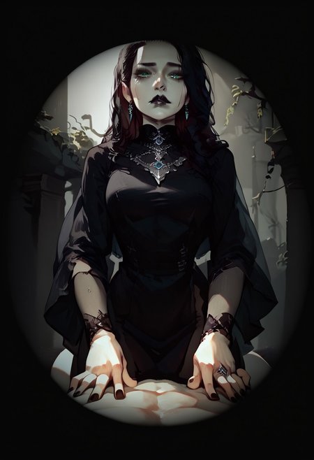 score_9, score_8_up, score_7_up, concept art, realistic, dark theme, perfect quality, masterpiece, highly detailed, dim light, Expressiveh, 4kFacePonyXL, ng_deepnegative_v1_75t,
anatomically perfect, bhands, glowing, neon lights,
gothic fantasy style, gothic grey ruins, outdoor scene, large stone coffin,
sideways pov, from below, 1male, fully clothed, lying on top of large stone coffin, 5L33PYM4L3P0V, falling asleep, darkening, eyelids closing, sight fading, body out of frame, looking up at girl, 
1girl, 30 years old woman, solo, tall regal figure, slender body, fit athletic body, beautiful face, pale skin, black boots, slightly torn elegant long black robes, thick robes, rags, robes covering body from neck to ankle, black scarf, holes in robe, dark black messy hair, waist length hair, long hair, large sexy eyes, vibrant green eyes, black nail polish, black lipstick, sad expression, crying, silver ring with ruby stone, silver diamond earrings, lace gloves, nose piercing, silver necklace with ruby medallion, standing over pov viewer, standing over pov viewer, looking down at viewer, blood on her hands,