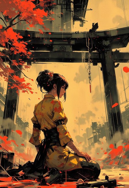 in the style of ck-mgs, nistyle, Special Ink-drawing mode, intricate linework with expressive contrasts, Mh1$AgThS2, Inkplash art on rice paper, sepia, henna , Silhouette Art, magnificent, inksplash image of stunning japanese woman, gold and red cheongsam, sitting in front of tori gate, facing viewer, dappled sunlight
