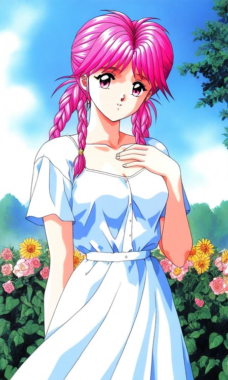 general,highres, ultra-detailed,very aesthetic,best quality ,best hands, BREAK  <lora:Koshiki_Yukari_Tokimeki_Memorial_IS:1>
Koshiki_Yukari(Tokimeki_Memorial), 1girl, solo, pink hair, twin braids, long hair, pink eyes, bangs, breasts,
white dress, 1990s (style), flower, polka dot, short sleeves, looking at viewer, hand on own chest,
outdoor, tree, sky,