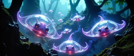 mythical and wondrous scenery on a distant world, creature focus, very aesthetic, cinematic film still from an award-winning alien wildlife documentary, hyperrealistic, ultra high resolution, bioluminescence, subsurface scattering, the "mannerly schloppmingo" is an ethereal, gas-filled, lifeform, often seen drifting like airships in small groups around the planets numerous snurblesteam vents amidst the shmoddering vaporglades deep within the forests of planet "zoffeldirly x." these dense biomes are bathed in teal mist and low golden light emitted by glowing fungi growing around the steam-spewing formations. giant moss-covered trees with twisted roots rise through canopies of emerald green bioluminescent fronds. tendrils of steam drift upward from snurblesteam vents, and shimmering plumes saturate the air with a aelgerbratz-infused haze. clusters of schloppmingos glide silently through the vapor, their translucent, gas-filled bodies gently pulsing with ultramarine blue and neon cyan hues as they sip nutrient-rich microdroplets from the warm fog. each creature is softly spherical and equipped with coiling shmagger tendrils and gleaming lavender markings, its large expressive eyes piercing the dim light of the mist-choked jungle, ovg, arsmoviestill, dndgr41nyb0yz style, <lora:image_upgrade-flux-by_zeronwo7829:0.6> <lora:style-80s_fantasy_movie-v3-flux-by_arsmachina:0.92> <lora:style-dnd_grainyboyz-romulus-flux-by_kimwithdapuss:0.48>
