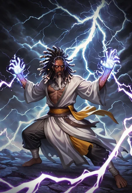 masterpiece, best quality, newest, absurdres, highres, 
D3-ART-V1.0, 
1boy, dark skin, dark-skinned male, dredlocks, white dreadlocks, african, african male, beard, blind eyes, empy eyes, white eyes, glowing eyes, monk, white robe, dynamic pose, glowing veins, thunder, lightning, magic, lightning magic, combat stance, fighting stance,

