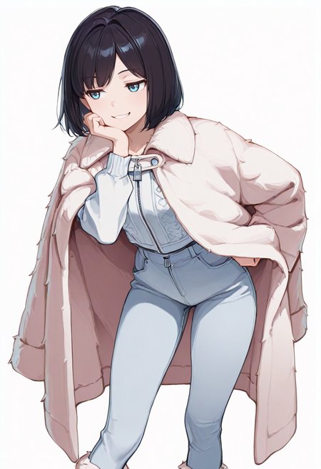 masterpiece,high quality details, absurdres,
 <lora:Sara_Takahashi:0.8> 
sara_cnr,1girl, black hair, bob cut,  short hair, bangs, blue eyes,, simple background, white background, front view,solo,, clenched teeth,bored,, standing pose,one hand resting on chin,playful smile,, cape,fur coat,pants,,zipper legwear,