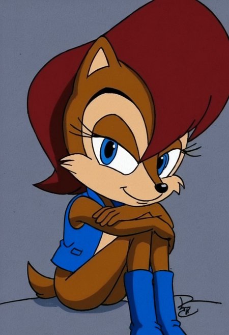 Sally Acorn, sonic character, sonic style, anthro, furry, 1girl, female, solo,
red brown hair, brown fur, blue eyes,
blue vest, blue boots,
smiling,
sitting, ((head resting on knees)), looking at viewer, bedroom eyes,
upper body view, upper body,
dark lighting,
