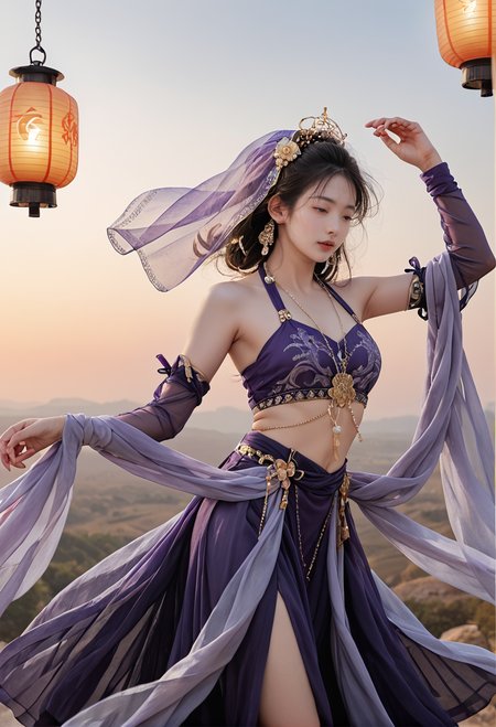 1girl,solo,hair ornament,dancing,,ruanyi0757,detached sleeves,jewelry,purple dress,see-through,shawl,veil,sky lantern,<lora:0757 Exotic Priestess_v1_pony:1>, score_9,score_8_up,score_7_up,,8k,1girl,solo,