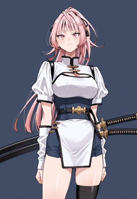 nei takarai, long pale pink hair, ponytail, hair ribbons, sharp pink eyes, large breasts, slim waist, twin sheathed katanas on left side of waist, 2 katanas, 2 sheathes, white high-collar short-sleeve mini-dress with black trim, navy blue corset-style waist belt with gold fasteners, navy blue shorts, black thigh-high stocking on left leg only with gold snake emblem, bare right leg, detached white sleeves on forearms with black trim and gold ornaments on ends, standing confidently with a calm expression, full color, manga
