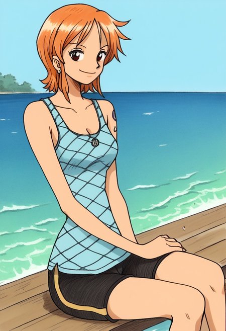 Bpb1,traditional media,score_9, score_8_up, score_7_up, score_6_up, ,1girl, solo ,  outdoors,,  cowboy shot,smile, sitting on a dock by the ocean,tanktop, dark shorts,orange hair,nam1,arlong tattoo