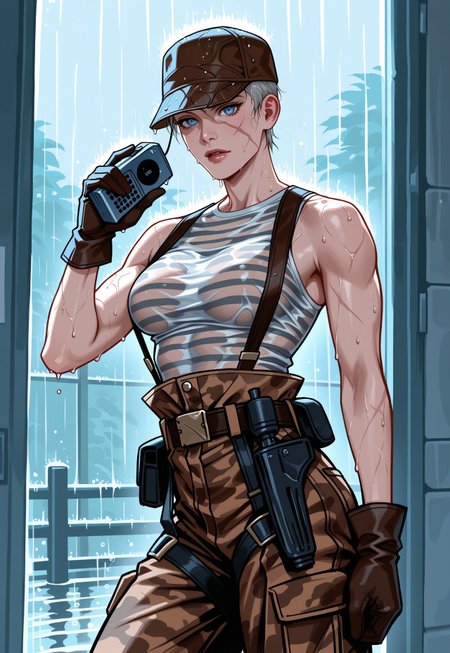 masterpiece, best quality, detailed, realistic, cowboy shot, 1girl, solo, olgamgs, very short hair, grey hair, diagonal scar on face, blue eyes, breasts, striped tank top, hat, high-waist pants, brown camouflage pants, suspenders, gloves, belt, holster, rain, wet hair, wet skin, wet clothes, no bra, holding radio, 