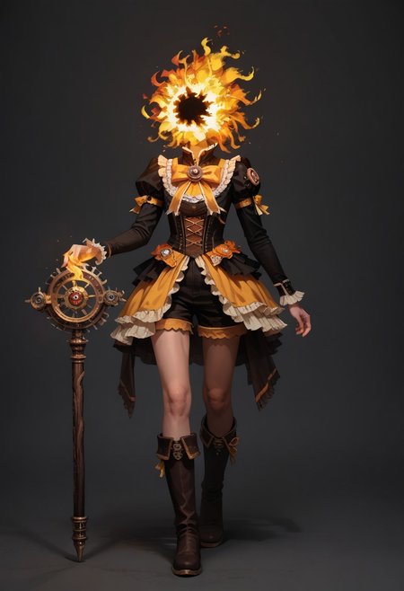 score_9, score_8_up, score_7_up,
lord_of_frenzy, fire head,
holding magic staff,
novakin, faceless, no eyes, no mouth, no nose, no facial features, short fiery yellow orange hair, body made of black plasma,
magical girl outfit, steampunk dress, boots, shorts,
simple background, grey background