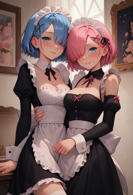 score_9, score_8_up, score_7_up, score_6_up, 
2girl, 25 years old, perfect face, (adult), sexy, 
blue eyes,
blue hair, pink hair, short hair, hair ornament, hair over one eye, x hair ornament,
maid headdress, black dress, black ribbon, black sleeves, cleavage, collar, detached collar,  pink ribbon, detached sleeves, frilled collar, frilled dress, frilled sleeves, 
white thighhighs, white apron,
shy smile, blush, 
inside, castle, big windows, paintings, 
cowboy shot,
