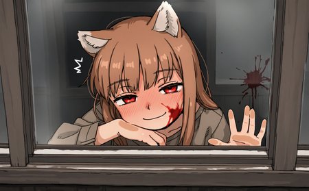 holo, spice and wolf, 1girl, solo, portrait, upper body, half-closed eyes, smug,   fox ears, (floppy ears:1.2), ^^^,  full-face blush, yandere, blood on face, looking at viewer, 
assertive female, leaning out of window, from outside, foreshortening, against glass,  hand against glass, smeared blood on glass, blood splatter on glass, snow, dark theme, indoors, head rest, cheek rest,   sideways 
sketch, painterly,    masterpiece, best quality, amazing quality, very aesthetic, absurdres,
akai sashimi, 
<lora:ywstx-wai-14:0.8> ywstx,