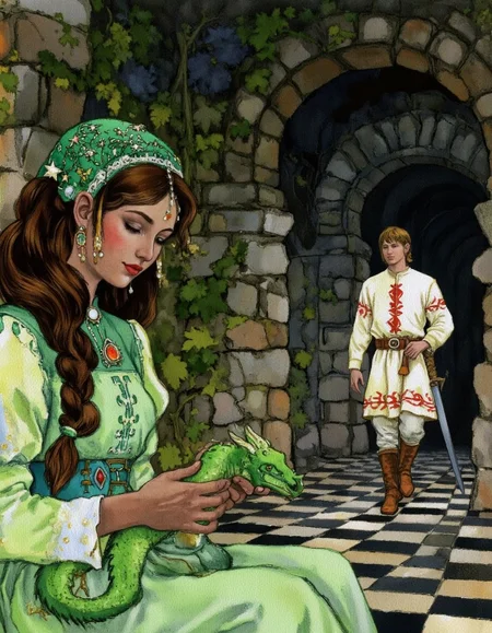 <lora:kochergin:1>,This is a vibrant digital illustration depicting a scene from a fantasy story. The foreground features a young woman with long, dark hair styled in a braid, adorned with a green headdress decorated with intricate, star-shaped designs and pearls. She wears a green dress with puffed sleeves, a high collar, and a belt adorned with a jewel. Her expression is serene, and she holds a green dragon in her hands, which is coiled around her wrist.
In the background, a young man with light skin and short brown hair, wearing a white tunic with red detailing on the sleeves and a red belt, walks towards the viewer. His attire includes brown boots and a sword at his side. He has a determined expression and is dressed in a medieval style. The background consists of a dimly lit, stone-walled corridor with archways and a checkered floor pattern of black and white squares. The walls are adorned with green vines and plants, adding a touch of nature to the otherwise medieval setting. The overall mood is one of adventure and mystery, with a blend of fantasy and historical elements.