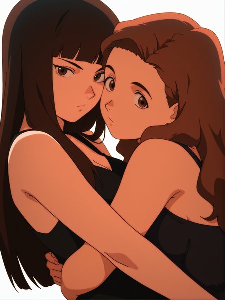 masterpiece, best quality, amazing quality, absurdres, newest, dynamic_angle, defined facial features, anime coloring, anime screencap, white background, 
<lora:Reika-Juri_IL1.1_v0:1>
2girls, hug, yamamoto reika \(sel\), (kato juri \(sel\), hair down, long hair), black black dress, sexy, older, medium breasts, looking at viewer,