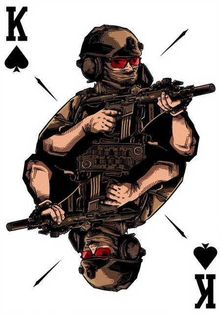 BPRE art of a stylized playing card featuring a mirrored depiction of an operator aiming a tactical carbine as the King of Spades. with a "K" and spade symbol in the top left and mirrored on the bottom right, His tactical gear is rendered in intricate detail, including a high cut helmet with black headphones, tactical chest rig, red glasses and a mask covering his face,. The BPRE art style shines through with its characteristic high-contrast lighting and meticulous attention to detail, particularly in the operator's gear and weaponry. The interplay of light and shadow across the figureâs gear creates depth, while the restrained yet striking color palette amplifies the tension and drama of the design. The blending of tactical realism with artistic symmetry exemplifies the distinctive BPRE aesthetic, seamlessly integrating the operator's dynamic energy into the structure of a playing card motif.<lora:BPRE-000013.safetensors:1.0:1.0> <lora:Playing Card Pictures - [FLUX] - v0.3_epoch_23.safetensors:0.5:0.5>