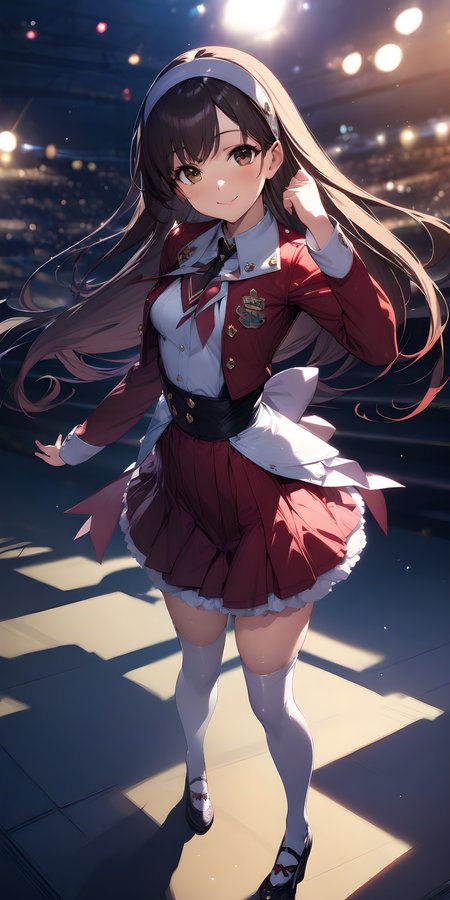(masterpiece),(best quality),(ultra-detailed),(best illustration),(best shadow),(absurdres),(detailed background),(very aesthetic),yuki_morikawa, 1girl, solo, thighhighs, long hair, white thighhighs, skirt, hairband, smile, stage background, shoes,  brown eyes, full body, white dress, red jacket, red skirt, <lora:XL-YukiMorikawa:1>