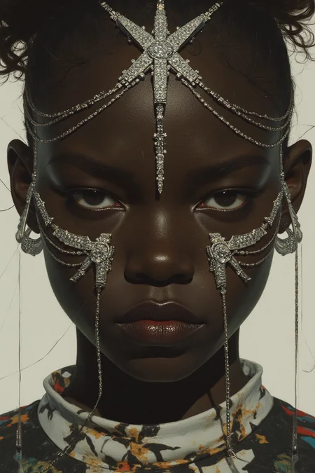 A highly stylized hyper-realistic portrait of a dark-skinned woman, her expression stoic and devoid of emotion, as she gazes directly into the viewer’s eyes. She wears a symmetrical chrome silver crown, its sparkling diamonds arranged in a flawless, geometric fashion that crowns her head with regal elegance. The crown catches the light, casting dazzling reflections that highlight the sharp angles of her face. A diamond-encrusted necklace adorns her neck, complementing the crown with its intricate design, each diamond sparkling brightly against her skin. A fine face ornament, known as the “diamond cascade,” stretches across her face in delicate silver chains, each studded with small, radiant diamonds. The chains follow the curve of her face, crossing her forehead and cheeks in a symmetrical fashion, creating a striking contrast with her dark skin. The soft light reflects off the diamonds, creating a luminous, surreal effect around her, emphasizing the ethereal beauty of the face ornament and her unyielding, emotionless gaze.