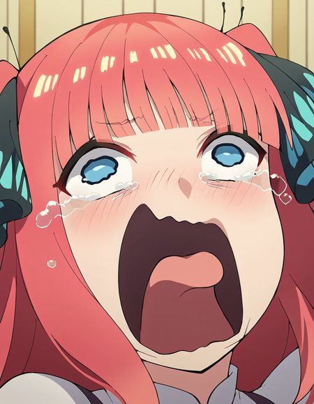 score_9, score_8_up, score_7_up, source_anime, <lora:nnakano-s2-ponyxl-lora-nochekaiser:1>, long hair, bangs, blue eyes, hair ornament, hair ribbon, pink hair, blunt bangs, two side up, butterfly hair ornament, large breasts,, <lora:crying-aqua-ponyxl-lora-nochekaiser:1> crying aqua, crying aqua (meme), screaming, crying, crying with eyes open, tears, tongue, open mouth,, ,