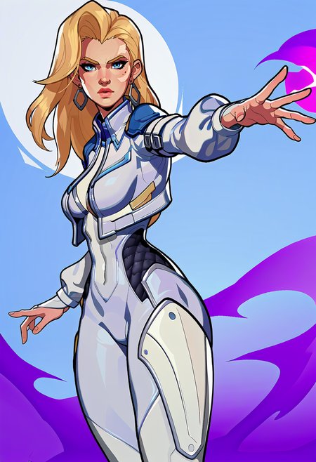 score_9, score_8_up, score_7_up, score_6_up, expressiveh, dagger_rivals, 1girl, solo, blue eyes, blonde hair, long hair, eyeliner, moon mark, earrings, cropped jacket, open jacket, bodysuit, white bodysuit, white clothes, fingerless gloves, blue details, looking at viewer, detailed background, posing, dynamic angle, dynamic pose,  sexy expression, sexy thighs, narrow waist, daggers, throwing daggers, floating weapon, cowboy shot, dutch angle, purple energy <lora:Expressive_H:0.3> <lora:GLOSS:0.5> <lora:Lunas-NatTheLich-SDXL-C2:0.5> <lora:fishine_v22m:0.5><lora:Dagger_Marvel_Rivals_-_PonyXL:0.7>