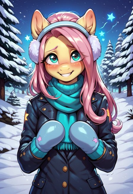 score_9, score_8_up, score_7_up, score_6_up, semi-realistic artwork, detailed background, high quality, vibrant colors, best quality rendering, intricate details, high resolution, sharp focus, best render quality, (background-winter forest, snow, night, stars, glowing stars), close up view, focus on face,
1girl, solo, Fluttershy (anthro pony), 18 yo, long hair, narrow shoulders, skinny, shiny skin, small perky breasts,
wearing a winter coat, scarf, mittens, fluffy winter earmuffs,
dynamic pose, shivering, 
shy, blush, blushing, embarrassed, happy, smiling, looking at viewer, hot breath,