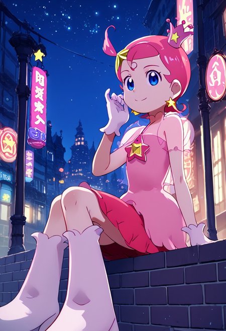 score_9, score_8_up, score_7_up,source_anime,japan street view, city view,komettosan, crown, head star accessory, ear accessory, female, pink hair, short hair, blue eyes, one piece dress,smile,sitting,boots,night, star,white gloves,comets