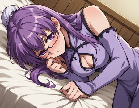 score_9, score_8_up, score_7_up, source_anime,
agksheele, <lora:agk-sheele-s1-ponyxl-lora-nochekaiser:1>,
sheele, long hair, purple eyes, purple hair, glasses, hair bun, single hair bun, bun cover,
dress, cleavage, detached sleeves, clothing cutout, chinese clothes, cleavage cutout, china dress,
indoors, bed, bed room, on side, blush, drunk,
cowboy shot, solo, dutch angle, looking at viewer,
