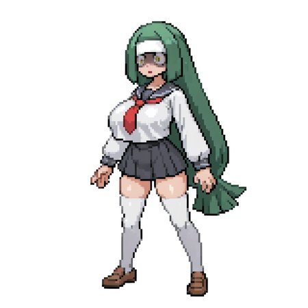 Simple background, white background, <lora:pkspif_nb_v1-2:1>,fullbody, (from front), 1girl, Solo, standing, Big breasts, ,   <lora:Channeler:1>, Channeler, green hair, long hair, yellow eyes, empty eyes, shaded face, white headband, open mouth, Serafuku, White thighhigh, mini skirt,  white shirt, school uniform, red necktie, black skirt, brown shoes