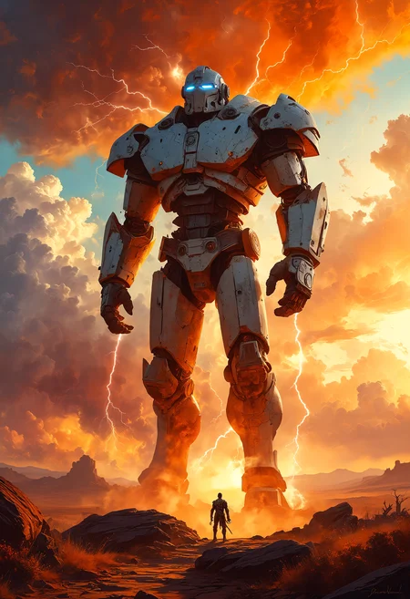 A majestic colossus made entirely of clouds and lightning stands in the middle of a vast, open plain, its form sharply defined against a brilliant sunset sky. A tiny human figure, perhaps a sorcerer or a traveler, stands nearby, casting a spell or observing the giant with fascination. The image is detailed and vibrant, with the warm colors of the sunset enhancing the dramatic, electric presence of the colossus. <lora:add-detail-xl:1>   <lora:MJ52:0.5>, Fantasy painting art style, imaginative, dynamic composition, professional-grade execution, creates immersive world and landscape, painterly, epic, magical