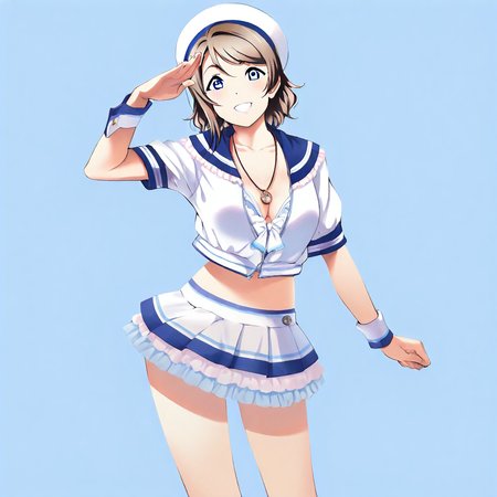 cowboy shot, looking at viewer, salute, GsSwimsuit, you watanabe, blue eyes, brown hair, short hair, swept bangs, medium breasts, highres, masterpiece