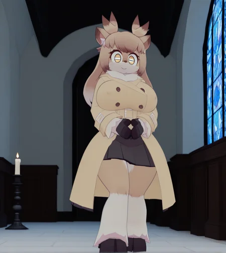 1girl, wild hips, huge breasts, breasts, candle, candlelight, candlestand, church, covered nipples, cross, fire, indoors, nun, own hands together, smile, solo, stained glass, window, 
ãªã¼ãã¢(ã·ã¼ã¬ï¼crepix),
furry female,deer girl,
body fur,white fur,brown fur,two-tone fur,
animal ears,
antlers,horns,
long hair,brown hair,colored tips,
white tips,
bangs, sidelocks,
gold eyes,
animal hands,
trench coat,brown coat,
belt,
pleated skirt,black skirt,
animal legs,hooves,
intricate details,detailed background, 3D,
<lora:noobaiXLNAIXL_epsilonPred11Version-lora:0.1> <lora:anatomy_helper:1> <lora:BallsDeep-IL-V2.2-S-NoMask-WithCloseups:1> <lora:Curve slider IXL2_alpha16.0_rank32_full_last:3><lora:ãªã¼ãã¢ã·ã¼ã¬crepix:1>