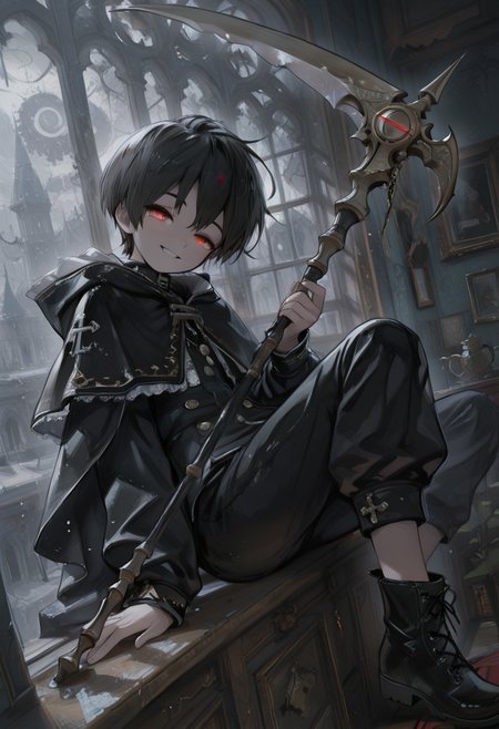 usnr,(masterpiece), (best quality), (ultra-detailed), amazing quality, very aesthetic, illustration, perfect composition, intricate details, absurdres, incredibly absurdres, shiny skin, Anime color,1boy, solo, black hair, red eyes, glowing eyes, pale skin, smile, half-closed eyes, BREAK black capelet, black pants, oversized clothes, black boots, BREAK indoors, sitting on window, dark room, cute, dutch angle, scythe, holding scythe,