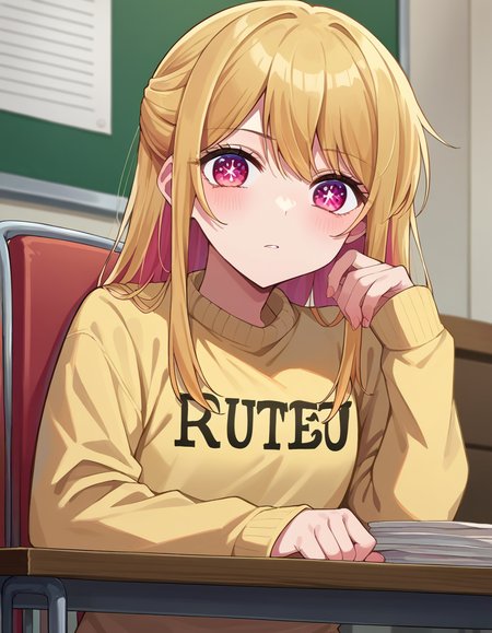 score_9, score_8_up, score_7_up, source_anime,
rubyhoshino, <lora:ruby-hoshino-ponyxl-lora-nochekaiser:1>,
ruby hoshino, long hair, bangs, blonde hair, pink eyes, sidelocks, symbol-shaped pupils, multicolored hair, two-tone hair,
shirt, long sleeves, sweater, clothes writing, yellow shirt,
indoors, chair, table, sitting,
looking at viewer, cowboy shot, dutch angle,