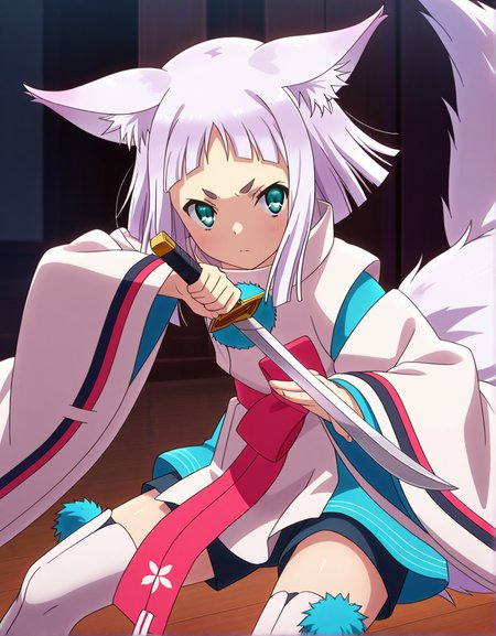 masterpiece, best quality, high quality, 1girl, fighting stance, shorts, white thighhighs, holding short sword, kon_\(tokyo_ravens\), <lora:kon-illu:1>