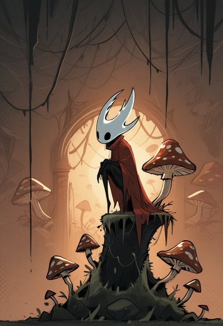 a13xstyle, sketch, masterpiece, best quality, solo,                                                                                  hollow knight, white horns, black body, red attire, perched upon a mushroom,  victorian background, backlighting, fungal caves, spores, moss, mushrooms