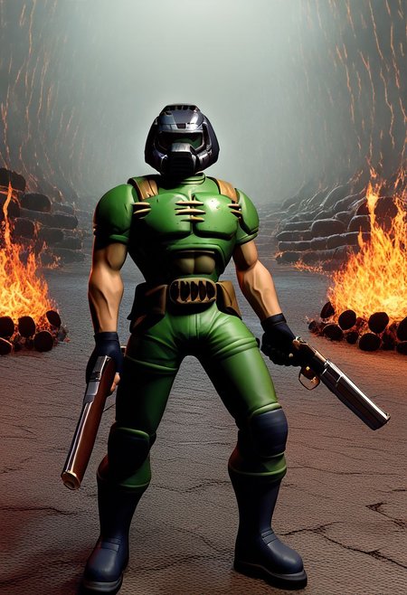 score_9, score_8_up, source_anime, 1boy, solo,  doomguy, 1boy, armor, helmet, green pants, gloves, 3d, hell background, fire background, holding shotgun, shotgun, full body,