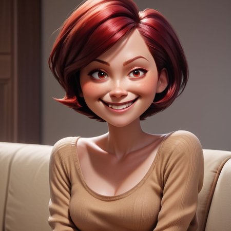 score_9, score_8_up, score_7_up, score_6_up, score_5_up, score_4_up, rating_questionable, 1girl, Hel_en, on a couch, small smile, short hair, dark red hair, big hips, 1970