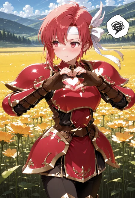 masterpiece,extreme detailed,day,outdoors,field BREAK cecil_(fe),1girl,solo,armor,gloves,short hair,headband,red hair,shoulder armor,short dress,dress,red eyes,pauldrons,red armor,armored boots,pants,<lora:cecil_(fe)-IL:1>,looking to the side,furrowed_brow,spoken squiggle,heart hands,blush,