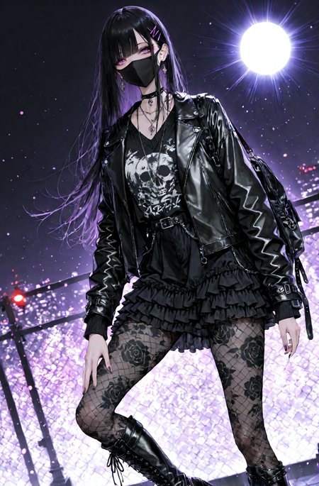score_9, score_8_up, score_7_up, absurdres, highres, masterpiece, best quality, amazing quality, 1girl, solo, long black hair, purple eyes, black face mask, hairclip, black leather jacket, black sweater, choker, jewelry, necklace, bag on shoulder, black frilled skirt, patterned pantyhose, leather knee boots, thighs, intricate details, dynamic pose, dynamic angle, sun, light particles, volumetric light, depth of field <lora:add_detail:1> <lora:Expressive_H:1>
