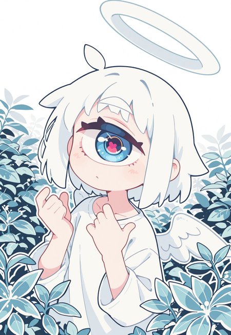  S4bit4mago_illu, anime style, s0wasow4rt_illu, masterpiece, newest, masterpiece, best quality, high quality, newest, highres, absurdres, <lora:sowasowart_style-000016:1>,score_9, score_8_up, score_7_up, concept, solo, extremely detailed, cartoon style, detailed background, detailed plants, thick outline, white outline, flat color, no lineart, blending, negative space,
masterpiece, best quality, very aesthetic, newest, solo, semi-realistic, 1 girl, white motif, cyclops eye, large eye, large flat halo, flat color, no lineat, large white shirt, against white background, wings, at an angle, hands up, 