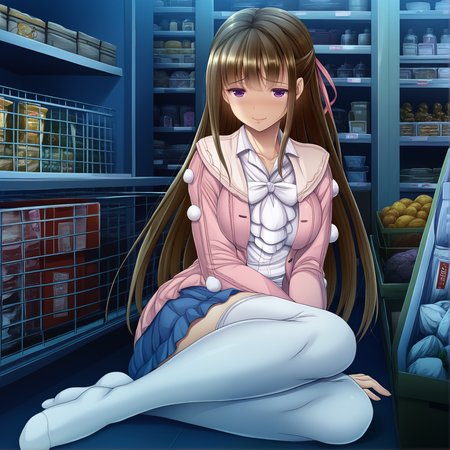 1girl, mitsuki, long hair, breasts, medium breasts, brown hair, closed mouth, indoors, naughty face, lips,  
straight_hair,hair_ribbon,open pink jacket,white shirt, blue skirt, white thighhighs, no shoes,
musashino sekai, abstract background, grocery store, night, dark, shade,  
 masterpiece, best quality, high quality, absurdres, highres,
