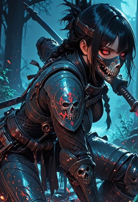 (masterpiece), (best quality), (8k), 1girl, cinematic lighting, dynamic action pose, highres, very detailed, amazing quality, masterpiece, fujimoto_tatsuki, fujimoto_tatsuki_(style), 
very aesthetic, intense,
particle effect,
1girl, samurai, solo, braided hair, layered samurai armor, engraved, bodysuit, tight clothing, fishnets, sleeveless, futuristic armor, runic symbols etched in armor, armored legs, full mask, halfmask, katana, red eyes, skulls, 
assassin theme, japan theme,
looking at viewer, tough pose, holding spear,
mountains, 
at night, night, close up, closeup,