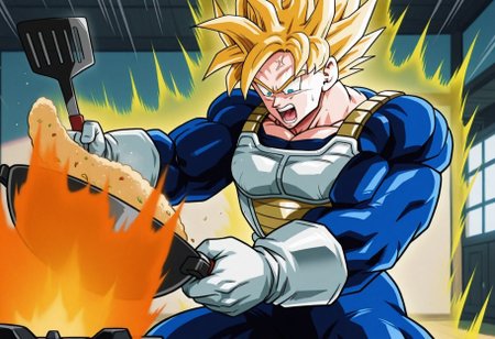 1 boy, indoors, tatami, 
muscular, massive muscles, very muscular, thick arms, thick legs, solo, angry, fighting stance, muscles growing, muscles bulging, muscles getting bigger, motion lines, <lora:Super_Saiyan_Third_Grade_Goku-000008>, upper_teeth, open mouth, gasping, screaming, shouting, 
open mouth, serious, screaming, <lora:NOOB_vp1_detailer_by_volnovik_v1:1>, cowboy_shot, fire, kitchen, indoor, holding a pot in hand, food, fried rice, holding, frying pan, flipping food, rice, stove, angry, sweat, fighting, intense shadows, Cinematic Lighting, constricted pupils, glowing_eye, bloodshot eyes, (wok spatula:1.4), (fire:1.4), floating rice, (fried rice:1.2), anger vein, 
spiked hair, yellow hair, super saiyan, blue eyes, saiyan armor, blue bodysuit, white gloves, looking_down, looking_at_food, 
gas stove,