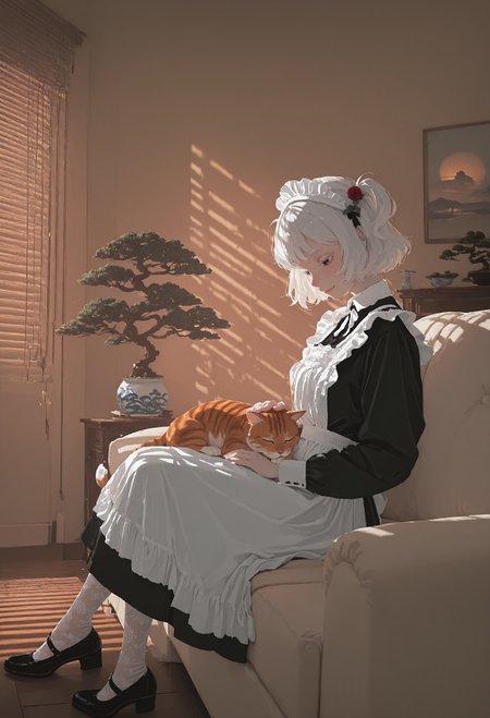 masterpiece, best quality, very aesthetic, highly detailed, absurdres, 1girl, solo, maid, maid apron, black dress, short skirt, long sleeves, black mary jane shoes, white lace pantyhose and maid headdress, white embroidery, pale skin, rose hair ornament, white hair, white eyelashes, white eyebrows, black eyes, glossy lips, short hair, two side up, head tilt, smile, lidded eyes, petting cat, orange tabby cat in lap, sitting on sofa, looking down, from side, 
indoors, bonsai tree, end tables, relaxing, warm tone, ((sunlight through venetian blinds, venetian lighting)), porcelain collection, fancy paintings, dawn, morning, sunrise, ambient light, soft light, comiks,fgg, no lineart, flat color