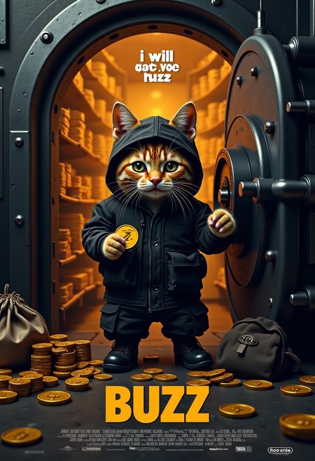 a realistic picture,((((Display the text " i will steal your buzz, " on top a movie poster))))
Movie poster A orange cats wearing black military tactical pants and miliatry boots and   wearing black hoodie,and tactical gears,orange cat standing in front of the vault doors,   the orange cat has a mischievous grin on his face and is stealing Buzz coins off of a bank vaults,((The vault is a large, heavy steel door, slightly ajar, revealing a well-lit interior. Inside, the usual stacks of cash and gold bars are conspicuously absent. Instead, the shelves are lined with small, neatly arranged coins, each shaped like a tiny, stylized orange lightning bolt. The coins are labeled as "Buzz." Several of these "Buzz" coins are scattered across the floor, as if hastily dropped by the robbers in their rush. A large duffel bag, half-full of these coins, sits on the floor near the open vault door, with a few more coins spilling out. ))background: indoors in a closed bank  at night, his two paws are grasping onto a bright yellow buzz coin,that is almost his size as he is trying to drag it off the counter top, the darkness of the bank indicates that the orange cat has snuck in here after hours when it is empty,  text logo:1.9 <lora:Harrlogos_v2.0:1.9>, (full body shots),
((((Display the text " BUZZ heist" on a movie poster))))