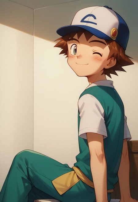 score_9, score_8_up, score_7_up, source_anime, highly detailed, 1boy, solo, male_focus, skinny, cute, short neck, sit,
richie2, solo, hat, smile, baseball cap, brown hair, wink, from back, looking back, blush,